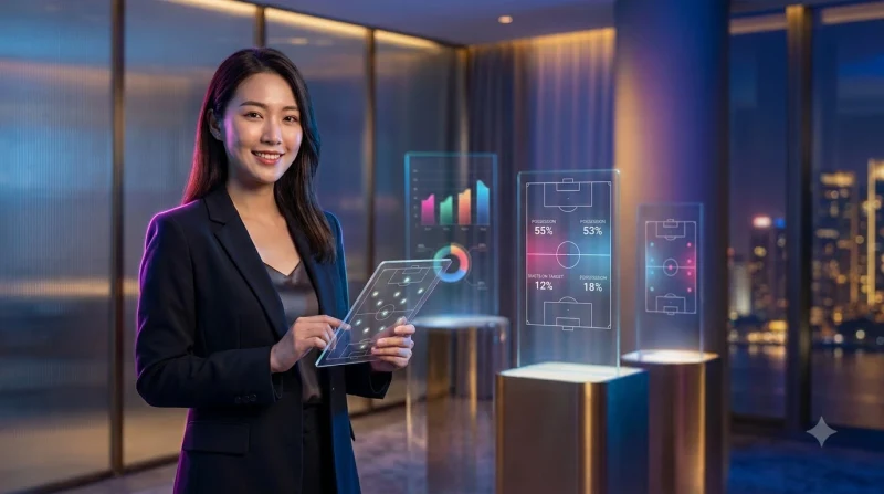 Bảng kèo kỹ thuật số holographic hiển thị trận đấu và giải đấu trong studio thể thao