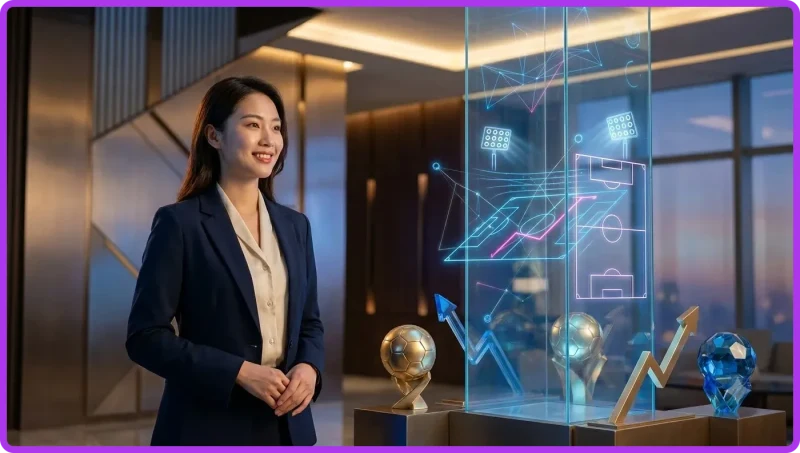 Bảng kèo kỹ thuật số holographic hiển thị trận đấu và giải đấu trong studio thể thao
