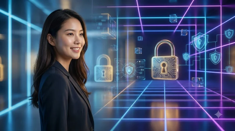Chuyên gia công nghệ quan sát giao diện bảo vệ dữ liệu holographic trong trung tâm kỹ thuật số