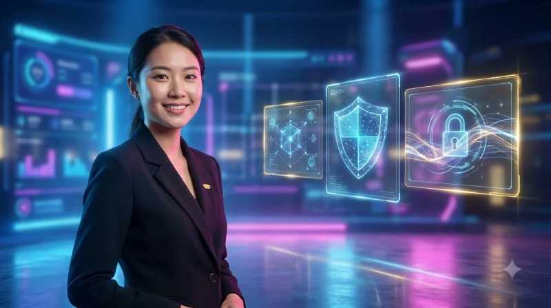Chuyên gia quan sát lá chắn bảo mật holographic với các nút bảo mật phát sáng