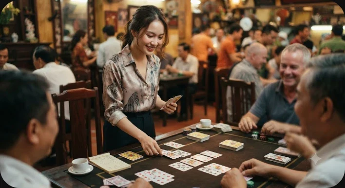 Giao diện baccarat trực tuyến hiện đại trên màn hình laptop trong không gian sòng bài sang trọng