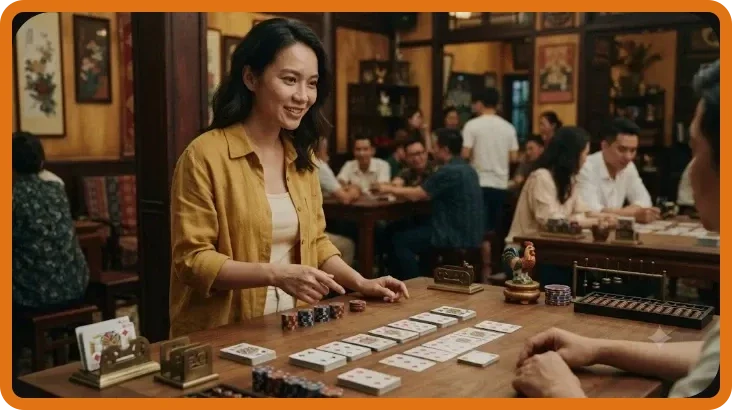 Giao diện baccarat trực tuyến hiện đại trên màn hình laptop trong không gian sòng bài sang trọng