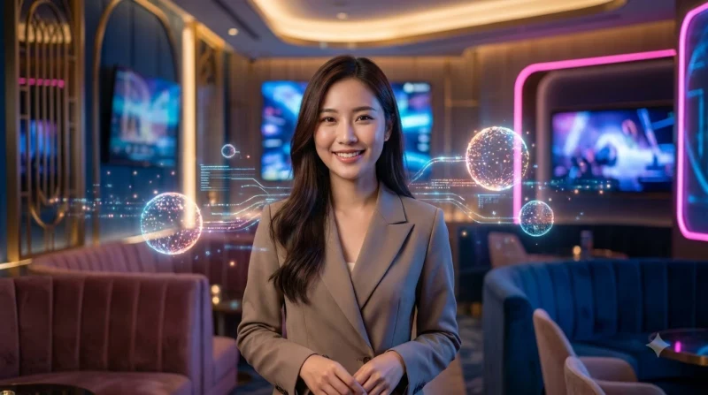 Không gian lounge sang trọng với ánh sáng ambient và giao diện holographic
