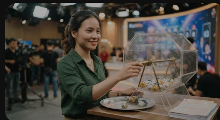 Màn hình hiển thị vòng quay xổ số online với hiệu ứng holographic trong không gian giải trí cao cấp