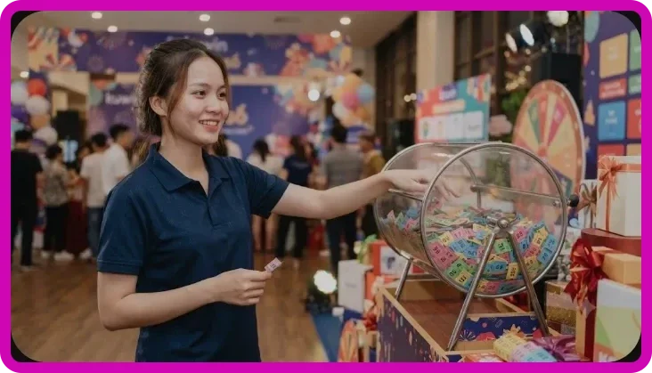 Màn hình hiển thị vòng quay xổ số online với hiệu ứng holographic trong không gian giải trí cao cấp