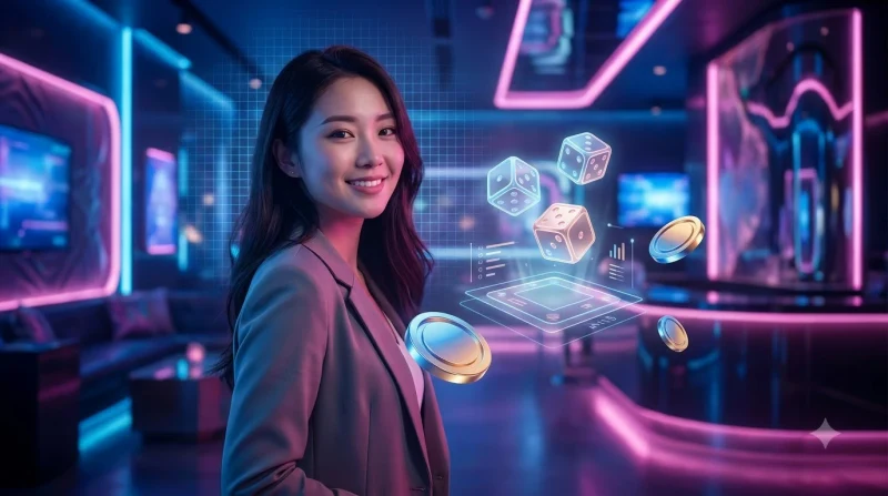 Minh họa khái niệm dice party game premium platform với xúc xắc holographic trên màn hình tương lai