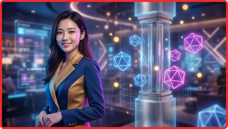 Minh họa khái niệm dice party game premium platform với xúc xắc holographic trên màn hình tương lai