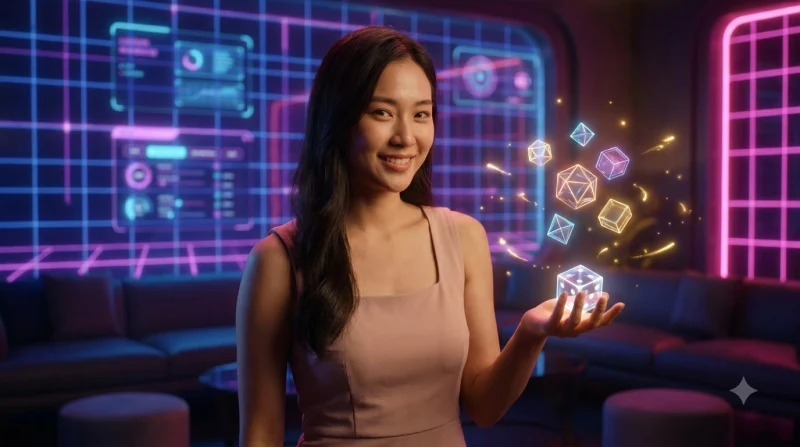 Minh họa quy trình một lượt chơi dice party game premium platform với luồng thao tác holographic