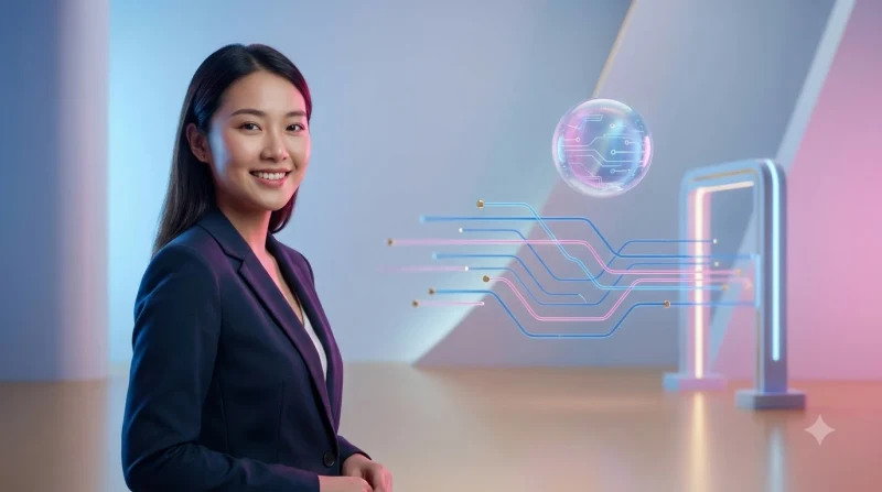 Minh họa tổng quan hệ sinh thái giải trí kỹ thuật số với các nút sáng và giao diện holographic